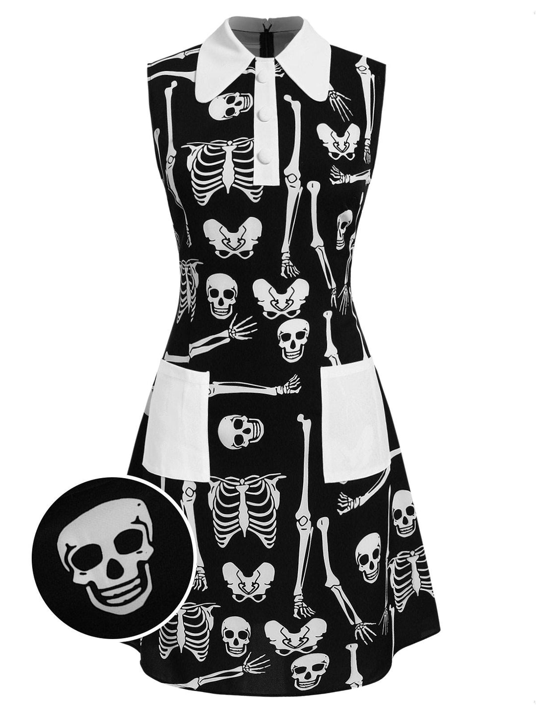 She slips into this Black 1960s Halloween Skeleton Lapel Mod Dress and suddenly it&