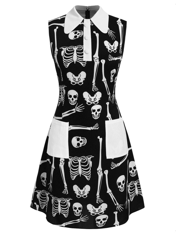 Black 1960s Halloween Skeleton Lapel Mod Dress: where 1960s romance meets her modern spirit