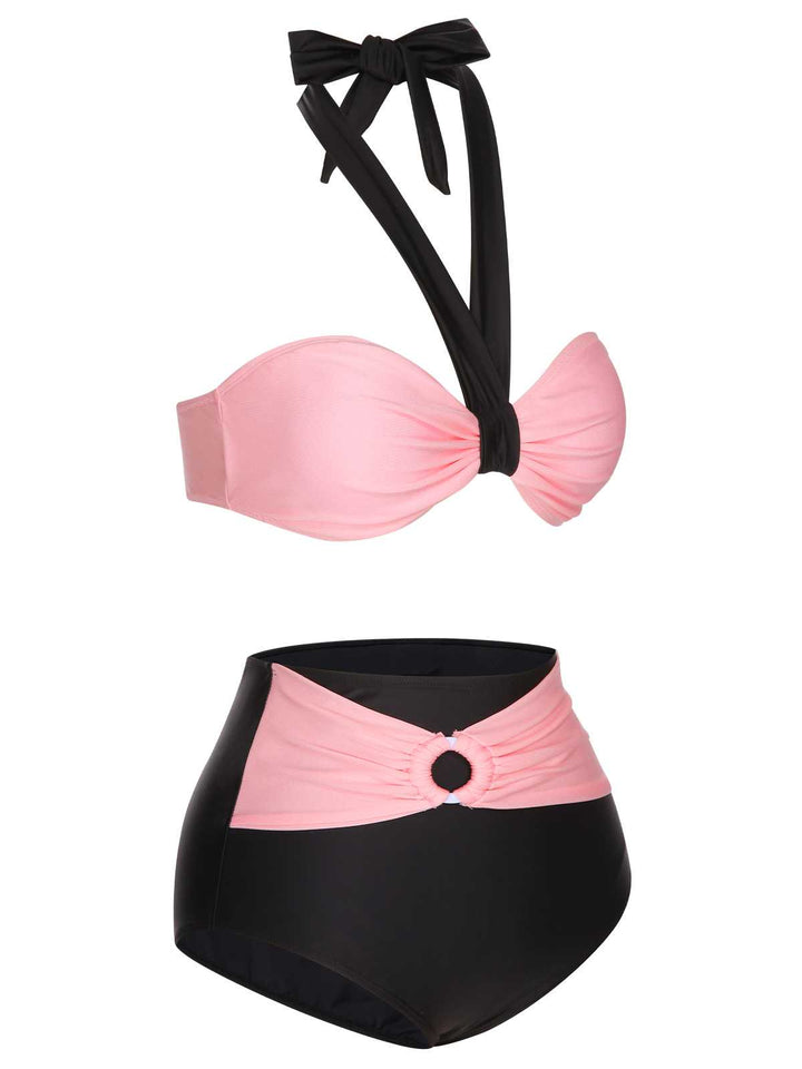 This Black 1960s Halter Contrast Swimsuit carries 1960s vacation dreams in every stitch
