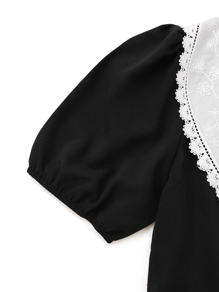 Black 1960s Lace Collar Puff Sleeve Dress - vintage dress, retro fashion, classic black