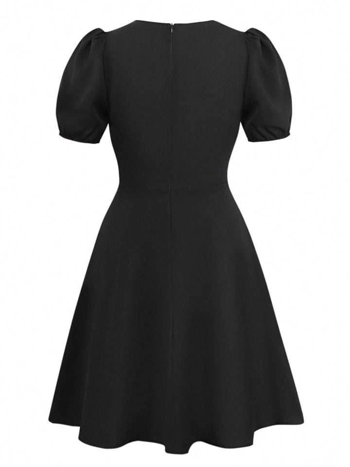 Black 1960s Lace Collar Puff Sleeve Dress - vintage dress, retro fashion, classic black