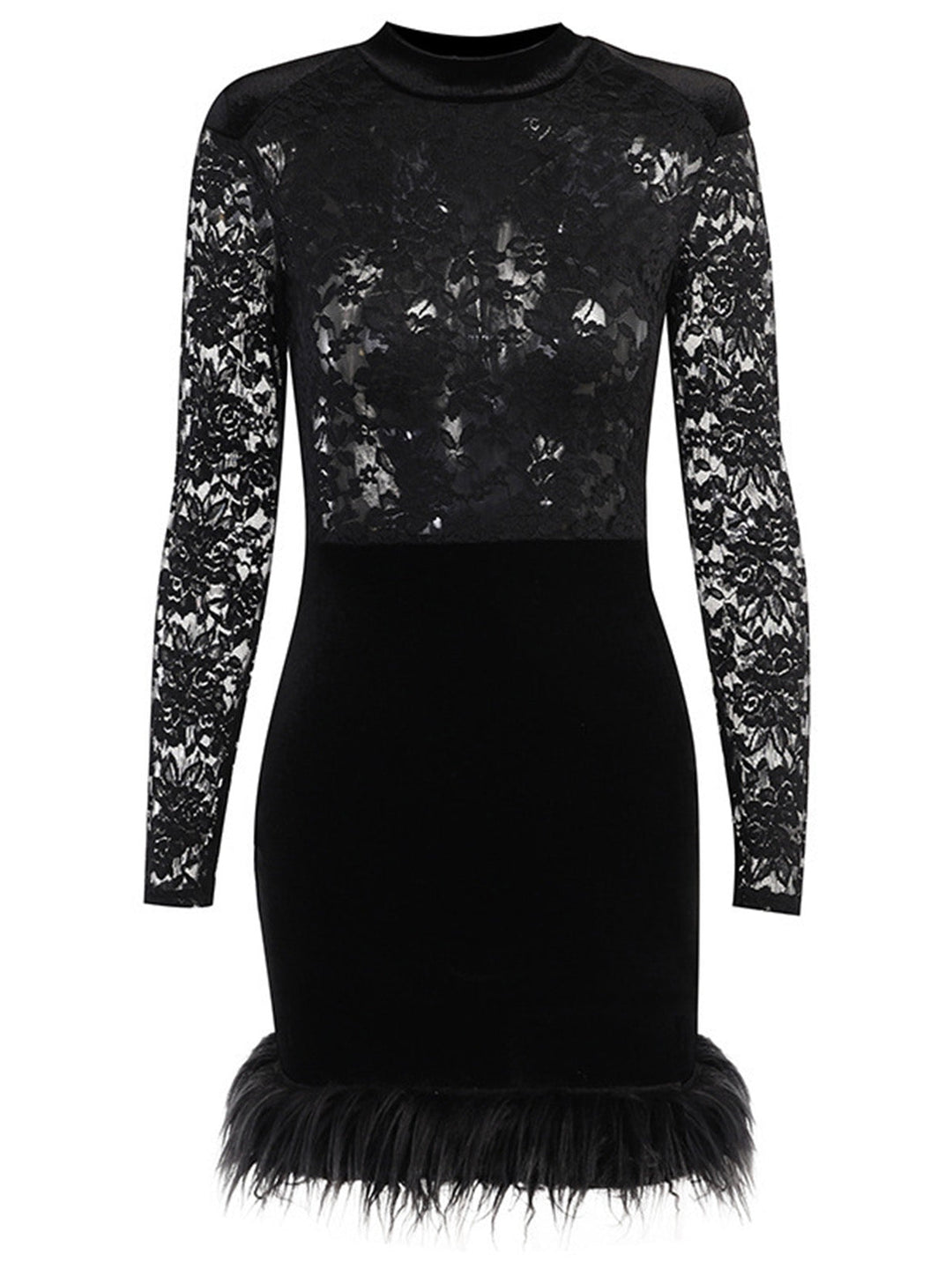 Black 1960s Lace Feather Hem Velvet Bodycon Dress - vintage dress, retro fashion, classic black