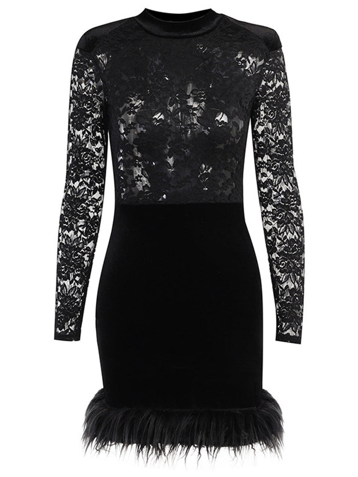 Black 1960s Lace Feather Hem Velvet Bodycon Dress - vintage dress, retro fashion, classic black