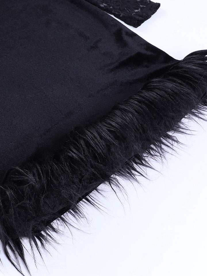 Black 1960s Lace Feather Hem Velvet Bodycon Dress - vintage dress, retro fashion, classic black