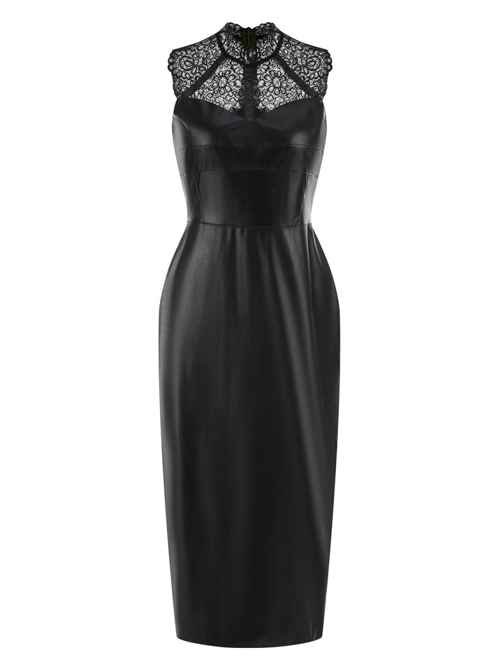 Black 1960s Lace PU Leather Dress, vintage dress, retro fashion, lace detail - perfect for women who love vintage and retro fashion