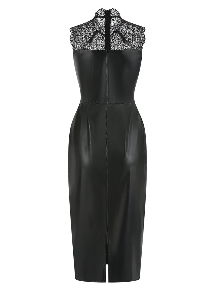 Black 1960s Lace PU Leather Dress, vintage dress, retro fashion, lace detail - perfect for women who love vintage and retro fashion