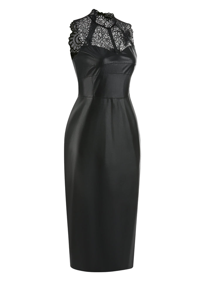 Black 1960s Lace PU Leather Dress, vintage dress, retro fashion, lace detail - perfect for women who love vintage and retro fashion