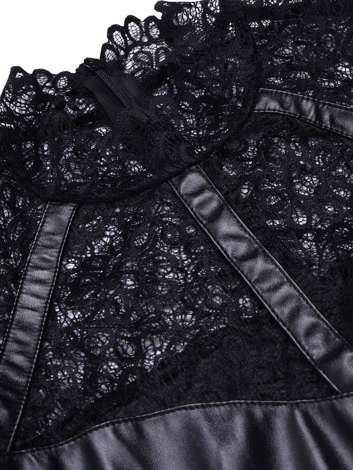 Black 1960s Lace PU Leather Dress, vintage dress, retro fashion, lace detail - perfect for women who love vintage and retro fashion