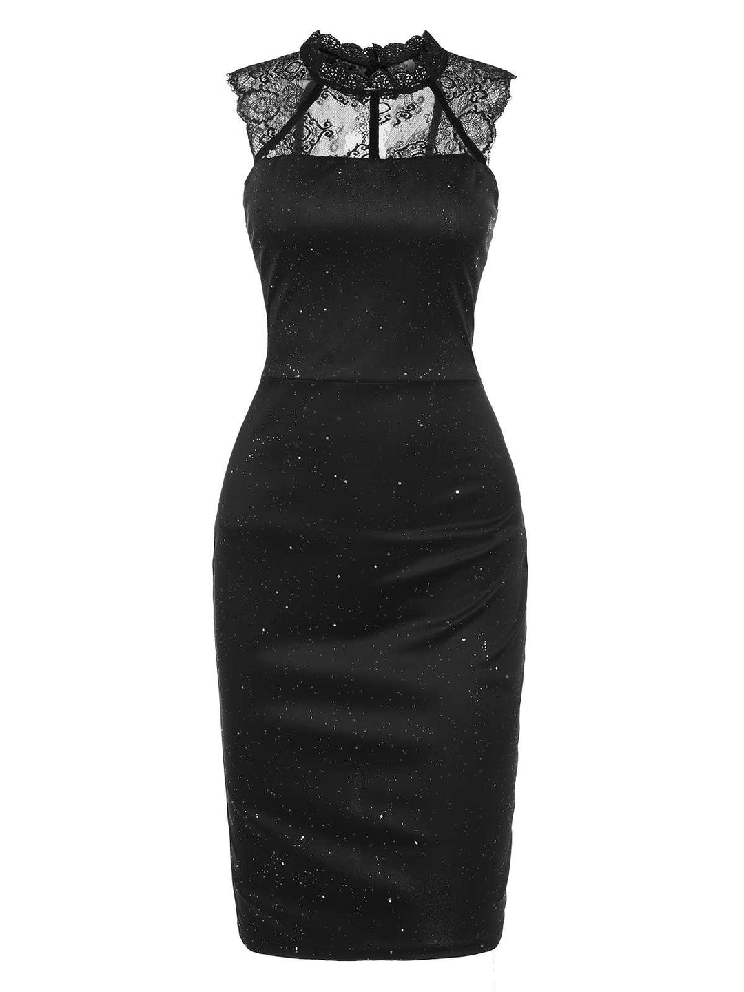 She slips into this Black 1960s Lace Sleeveless Bodycon Dress and suddenly it&