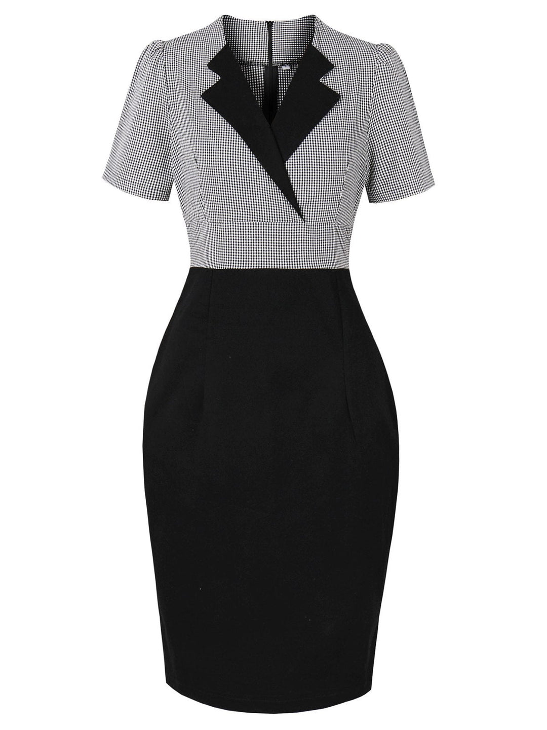 She slips into this Black 1960s Lapel Shepherd Check Patchwork Dress and suddenly it&