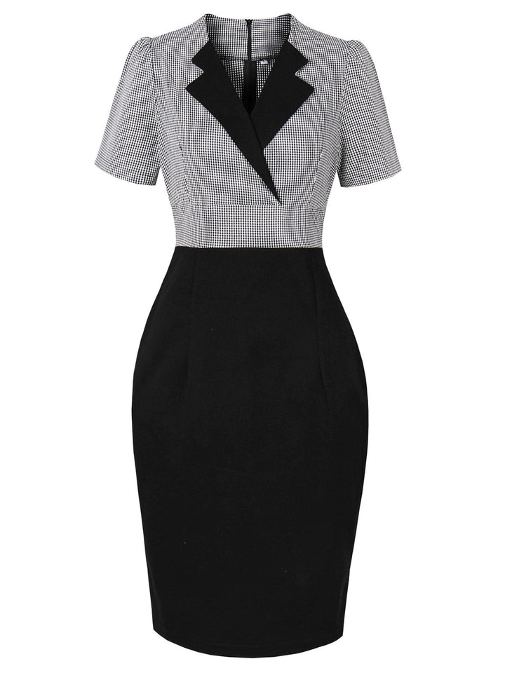 She slips into this Black 1960s Lapel Shepherd Check Patchwork Dress and suddenly it&