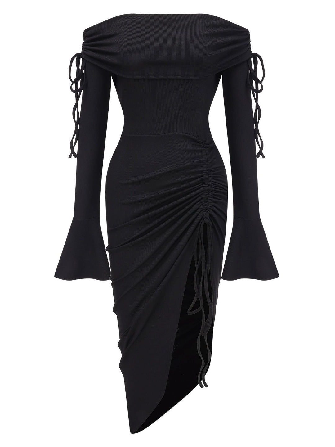 She slips into this Black 1960s Off-Shoulder Lace-Up Drawstring Dress and suddenly it&