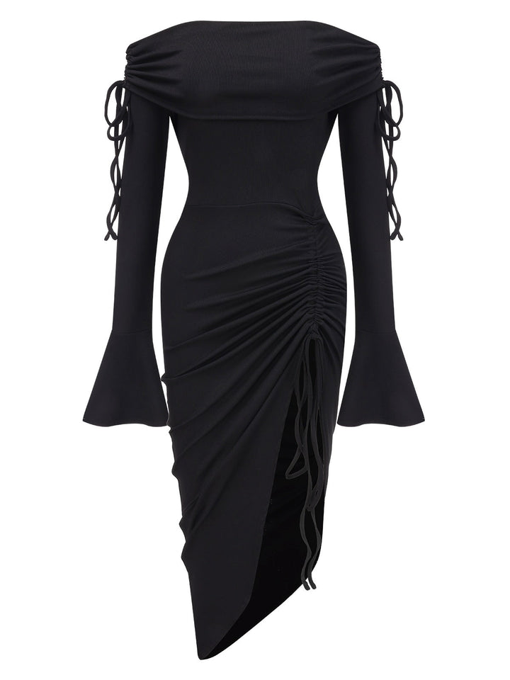 She slips into this Black 1960s Off-Shoulder Lace-Up Drawstring Dress and suddenly it&