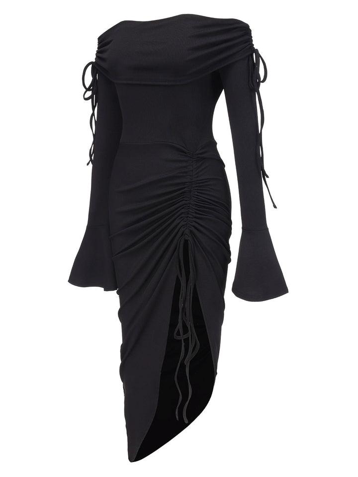 Black 1960s Off-Shoulder Lace-Up Drawstring Dress, vintage dress, retro fashion, lace detail - perfect for women who love vintage and retro fashion