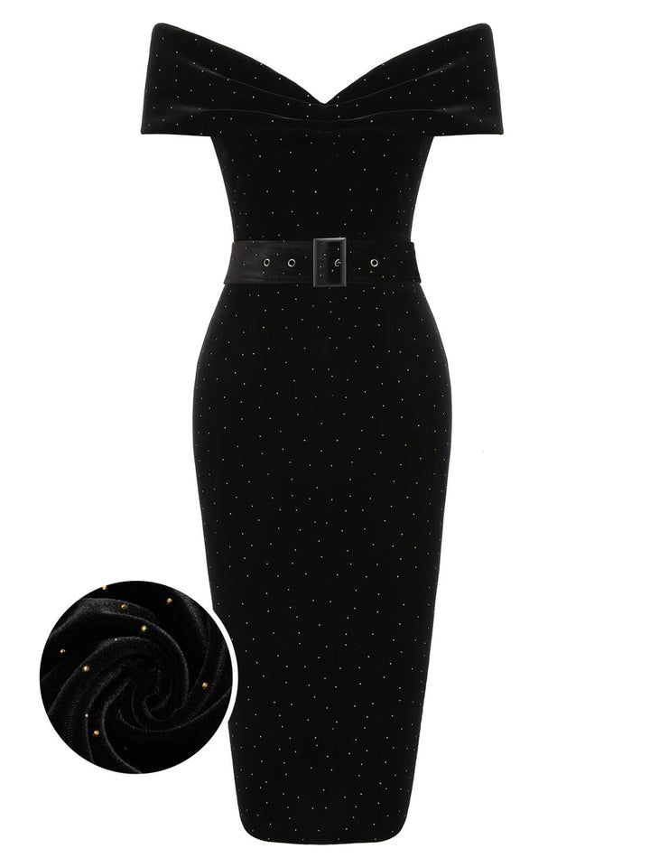 Black 1960s Off-Shoulder Rhinestones Velvet Dress, vintage dress, retro fashion - perfect for women who love vintage and retro fashion