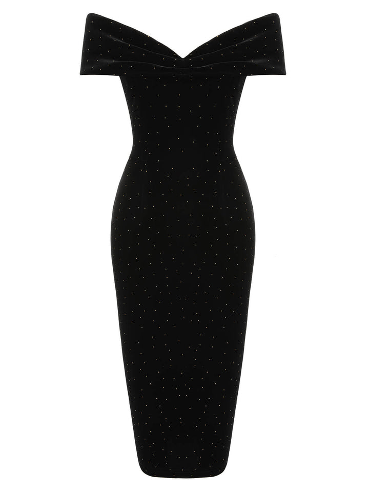Black 1960s Off-Shoulder Rhinestones Velvet Dress, vintage dress, retro fashion - perfect for women who love vintage and retro fashion
