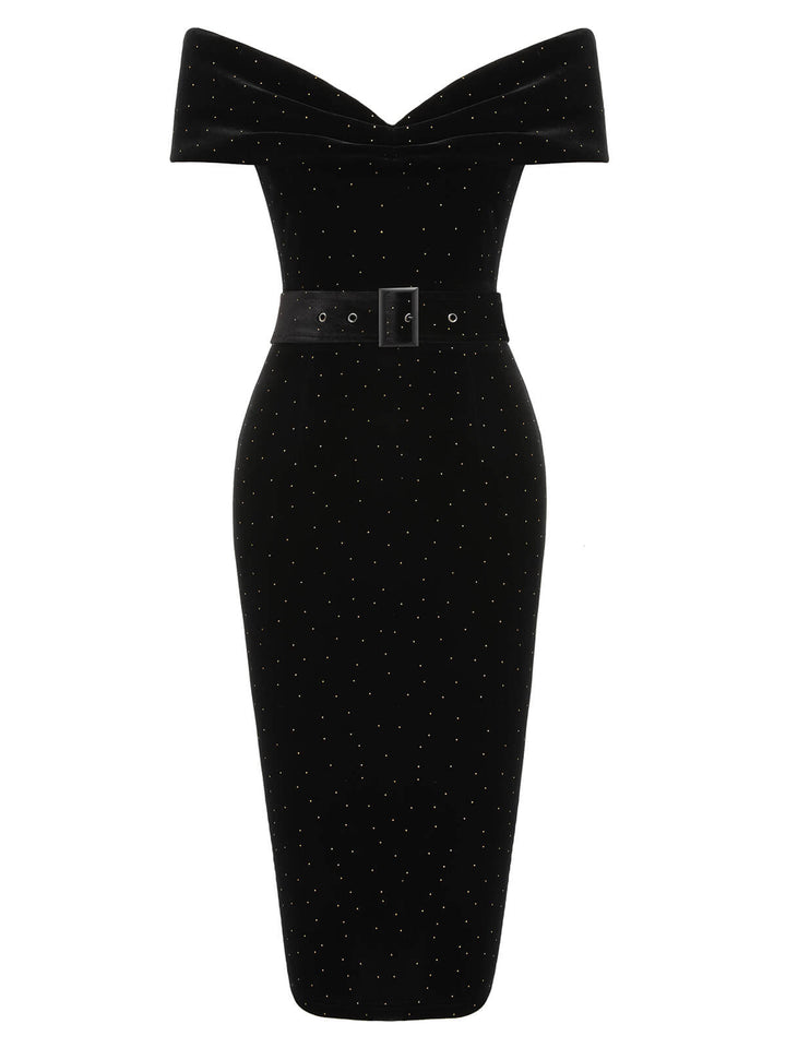 Black 1960s Off-Shoulder Rhinestones Velvet Dress, vintage dress, retro fashion - perfect for women who love vintage and retro fashion
