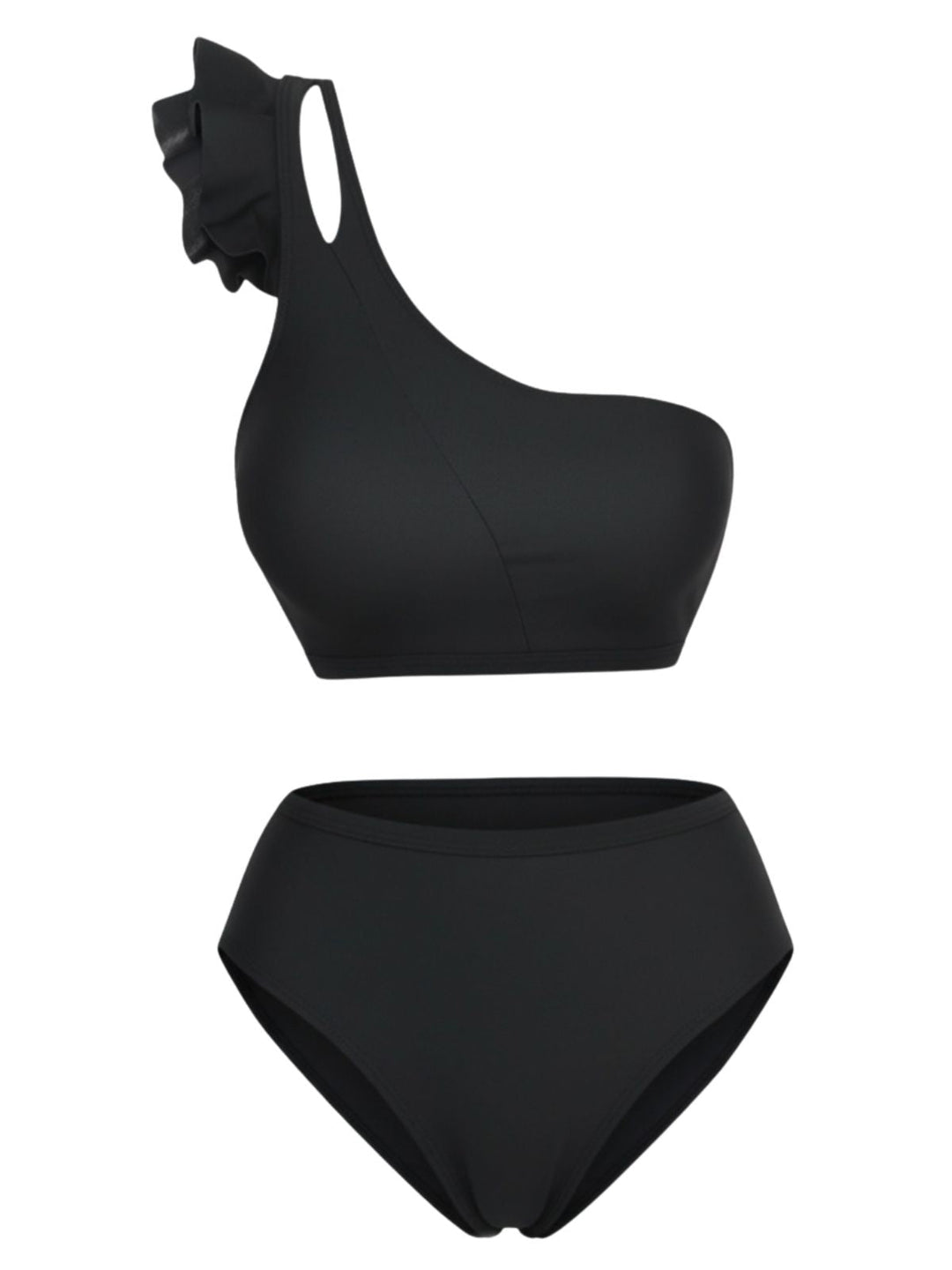 Black One-Shoulder Ruffle High-Waist Tankini Set, vintage fashion, retro style - perfect for women who love vintage and retro fashion