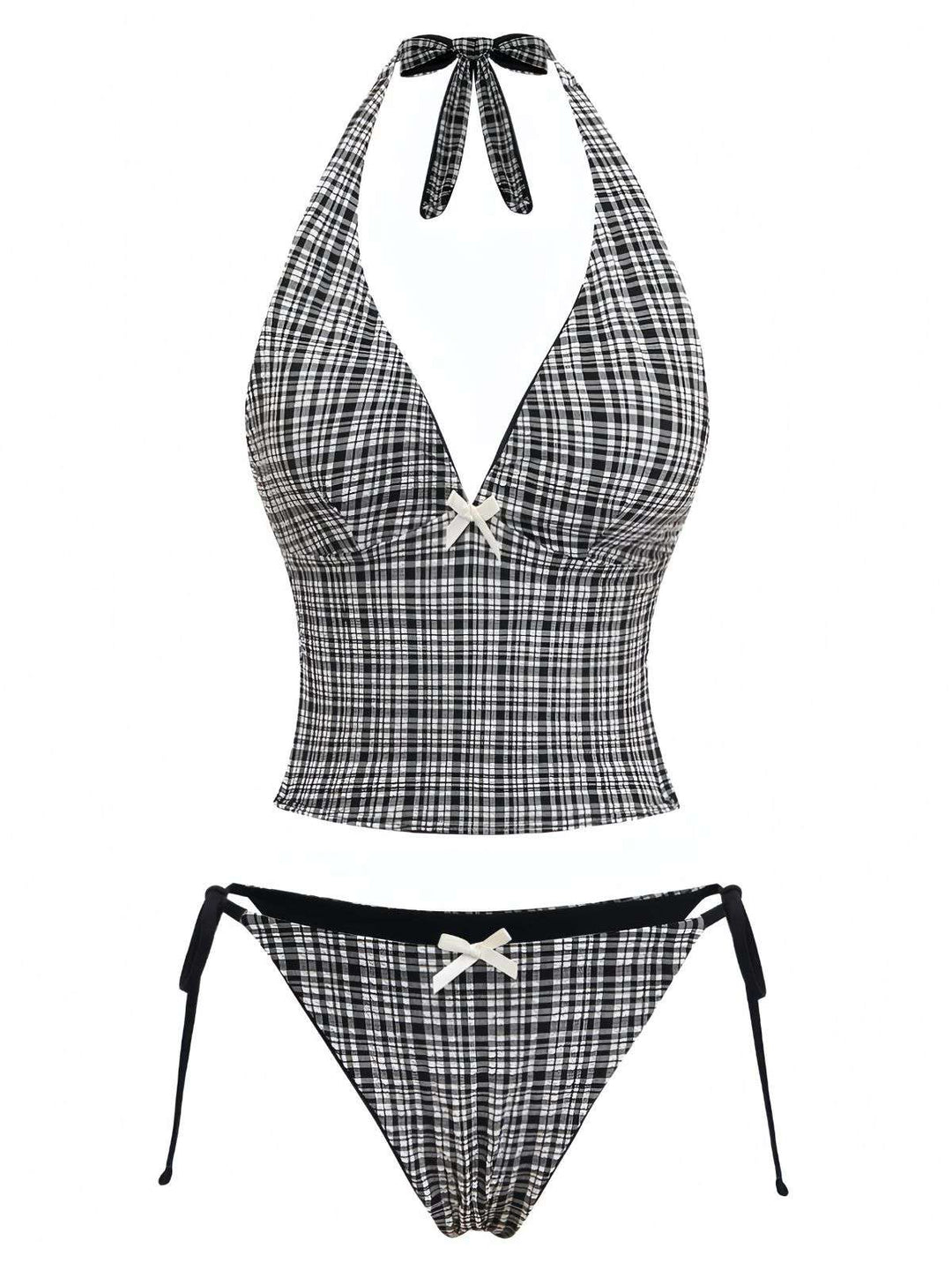 Black 1960s Plaid Deep V Halter Tankini Set - vintage fashion, retro style, classic black