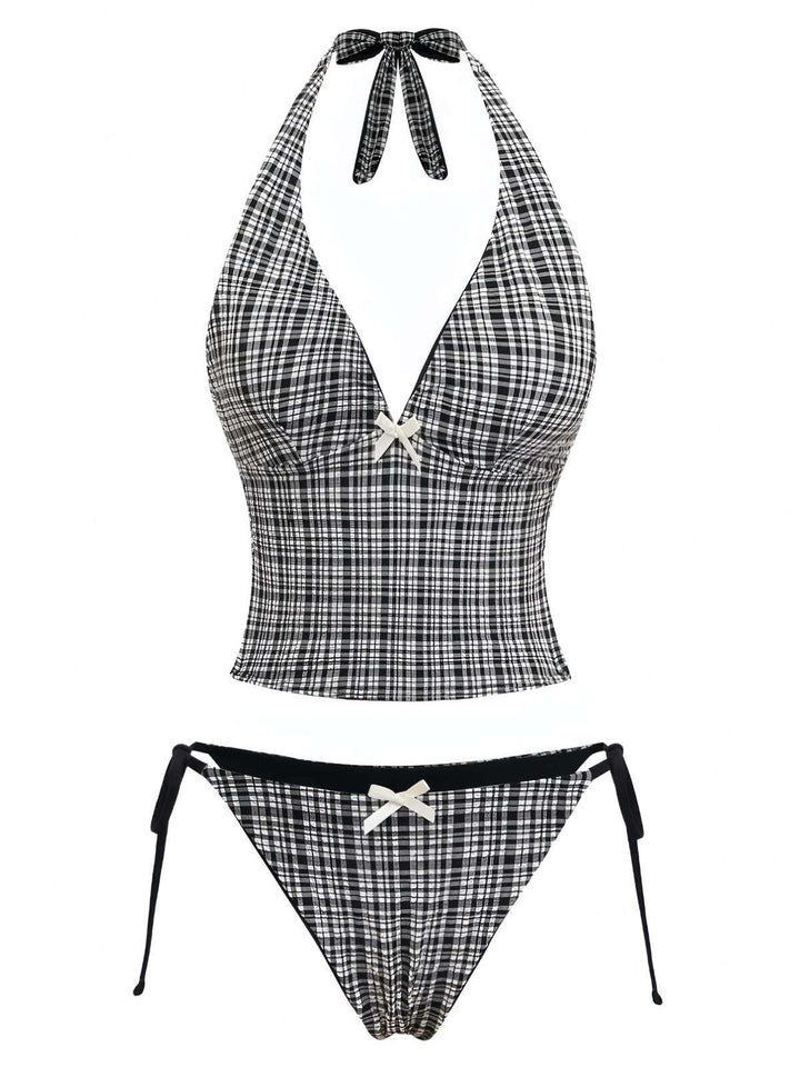 Black 1960s Plaid Deep V Halter Tankini Set - vintage fashion, retro style, classic black