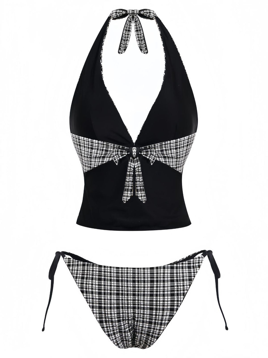 Black 1960s Plaid Deep V Halter Tankini Set - vintage fashion, retro style, classic black