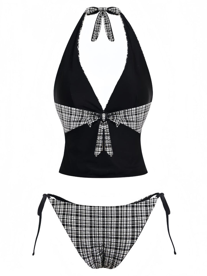 Black 1960s Plaid Deep V Halter Tankini Set - vintage fashion, retro style, classic black