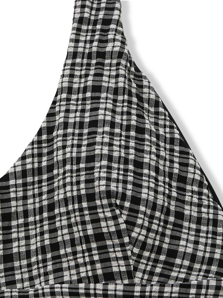 Black 1960s Plaid Deep V Halter Tankini Set - vintage fashion, retro style, classic black