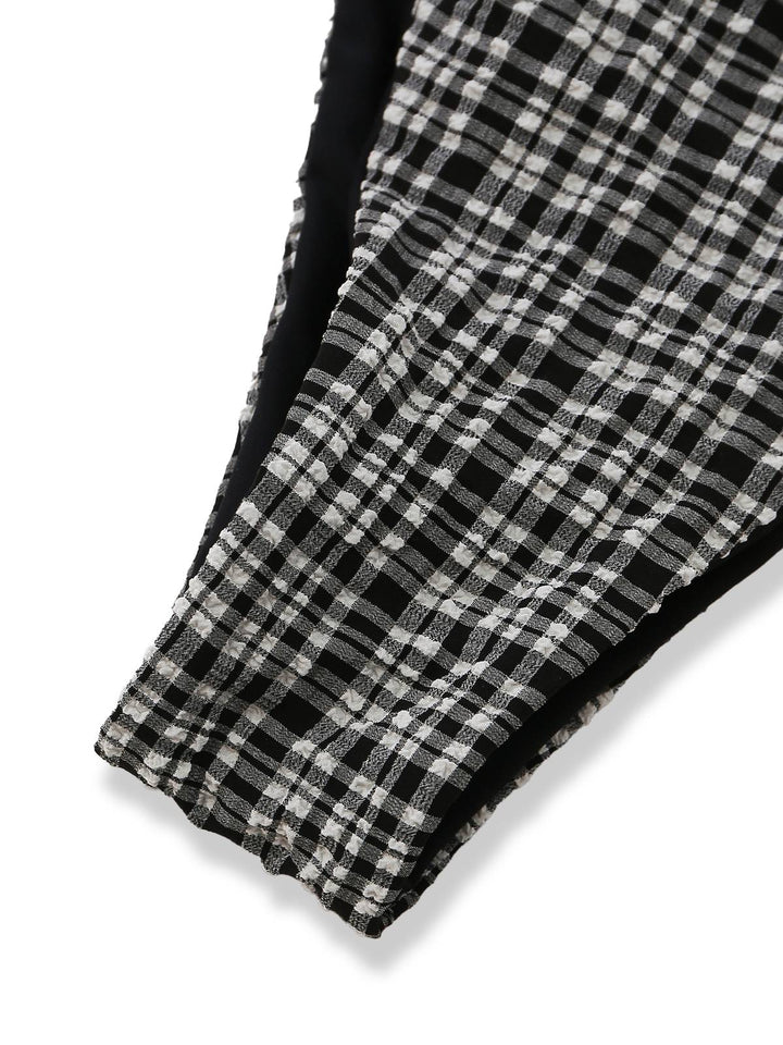 Black 1960s Plaid Deep V Halter Tankini Set - vintage fashion, retro style, classic black