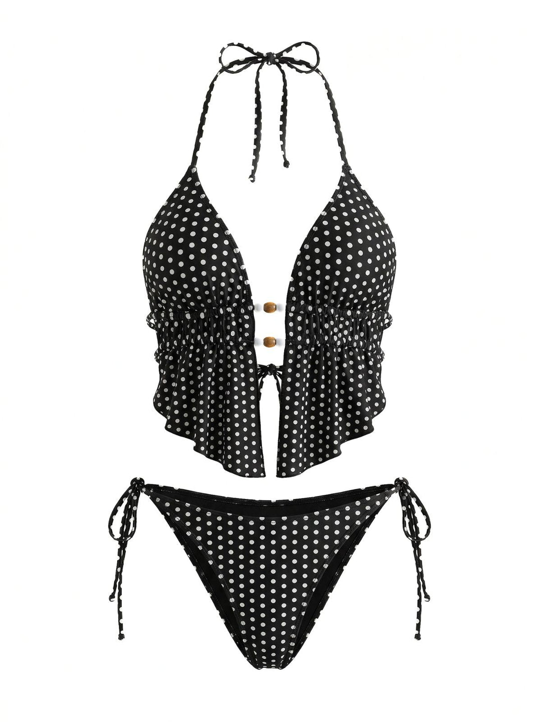 Black Polka Dot Beaded Cutout Halter Tankini Set - vintage fashion, retro style for vintage lovers