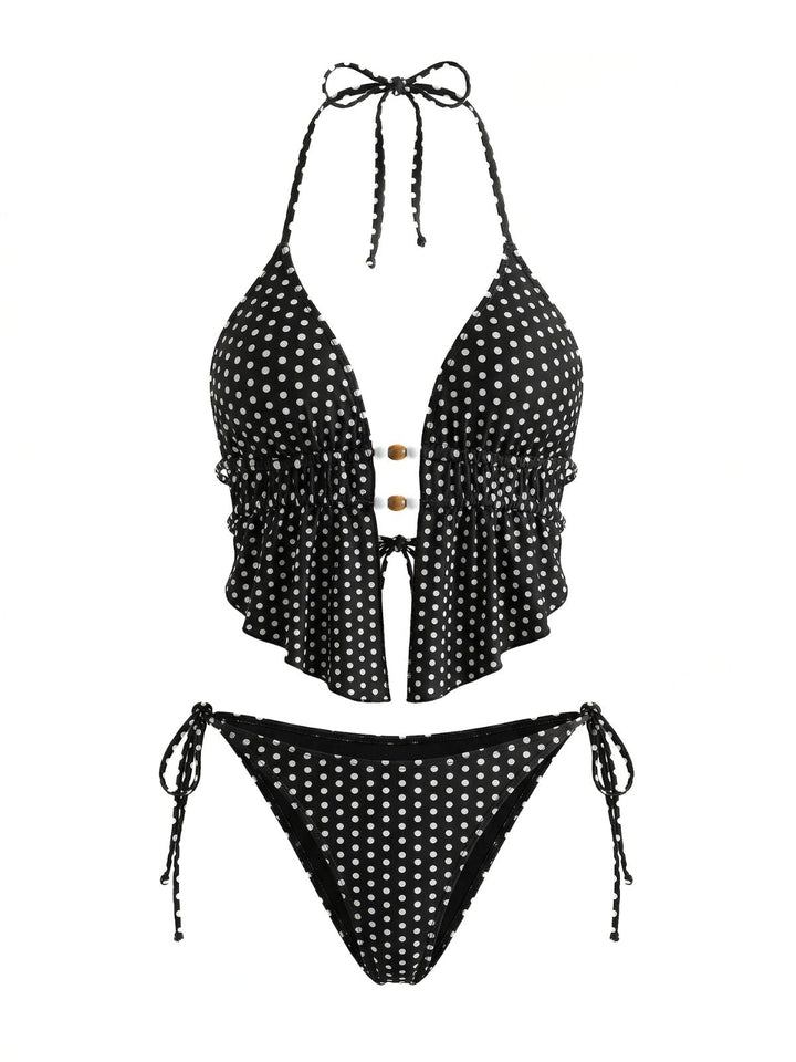 Black Polka Dot Beaded Cutout Halter Tankini Set - vintage fashion, retro style for vintage lovers