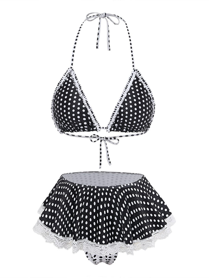 Black 1960s Polka Dot Lace Halter Bikini Set: beautiful vintage swimwear, retro swimsuit, pin-up style with timeless appeal