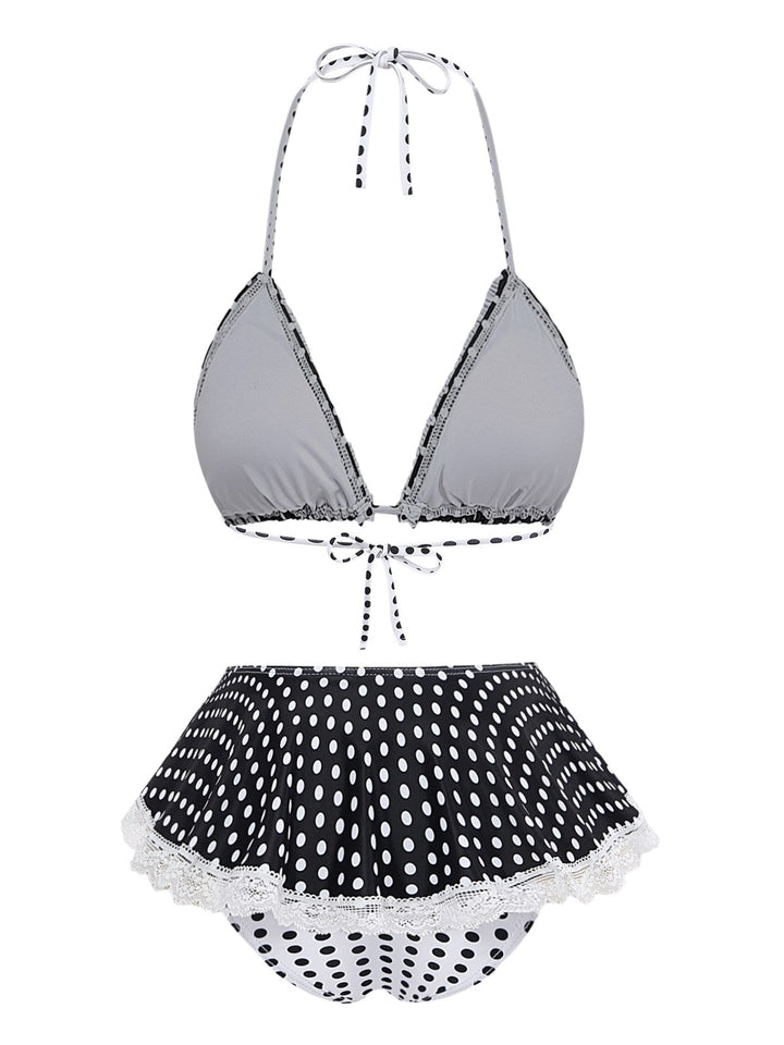 Black 1960s Polka Dot Lace Halter Bikini Set | vintage swimwear, retro swimsuit, pin-up style - perfect for retro fashion enthusiasts