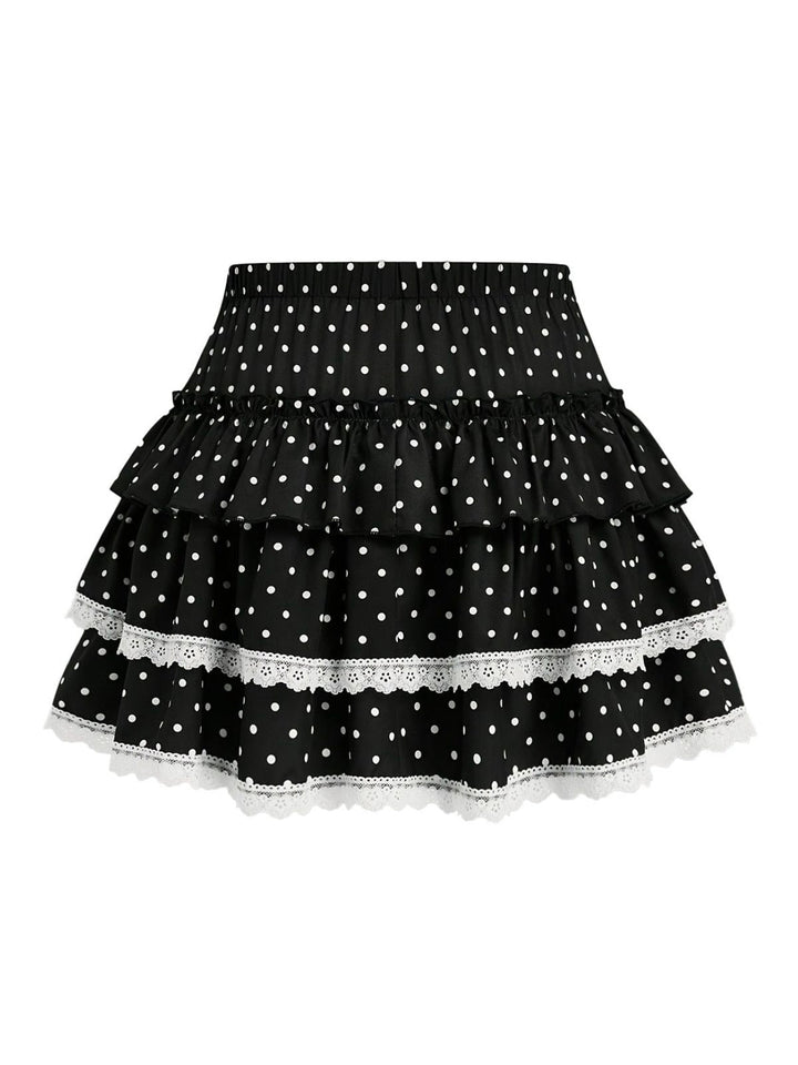 Black 1960s Polka Dot Lace Ruffle Mini Skirt - vintage skirt, retro style, classic black