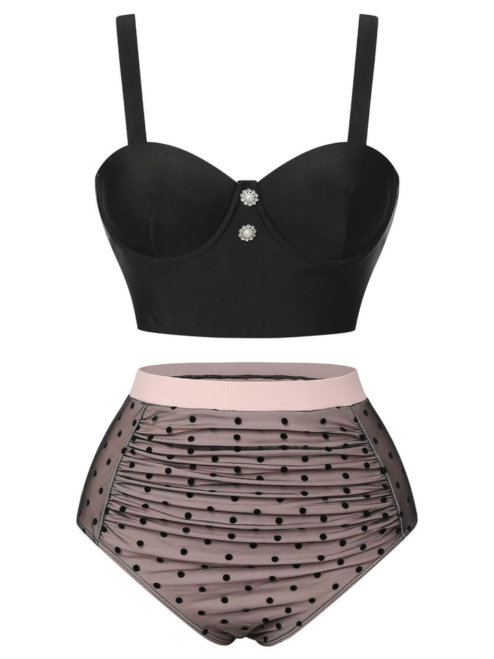 Black 1960s Polka Dots Mesh Swimsuit, vintage swimsuit, pin-up swimwear - perfect for women who love vintage and retro fashion