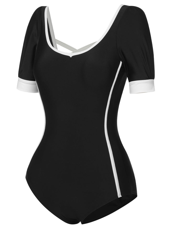 Black 1960s Puff Sleeves One-Piece Swimsuit, vintage swimsuit, pin-up swimwear - perfect for women who love vintage and retro fashion