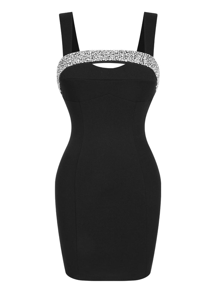 Black 1960s Rhinestone Patchwork Neck Mini Dress, vintage dress, retro fashion - perfect for women who love vintage and retro fashion