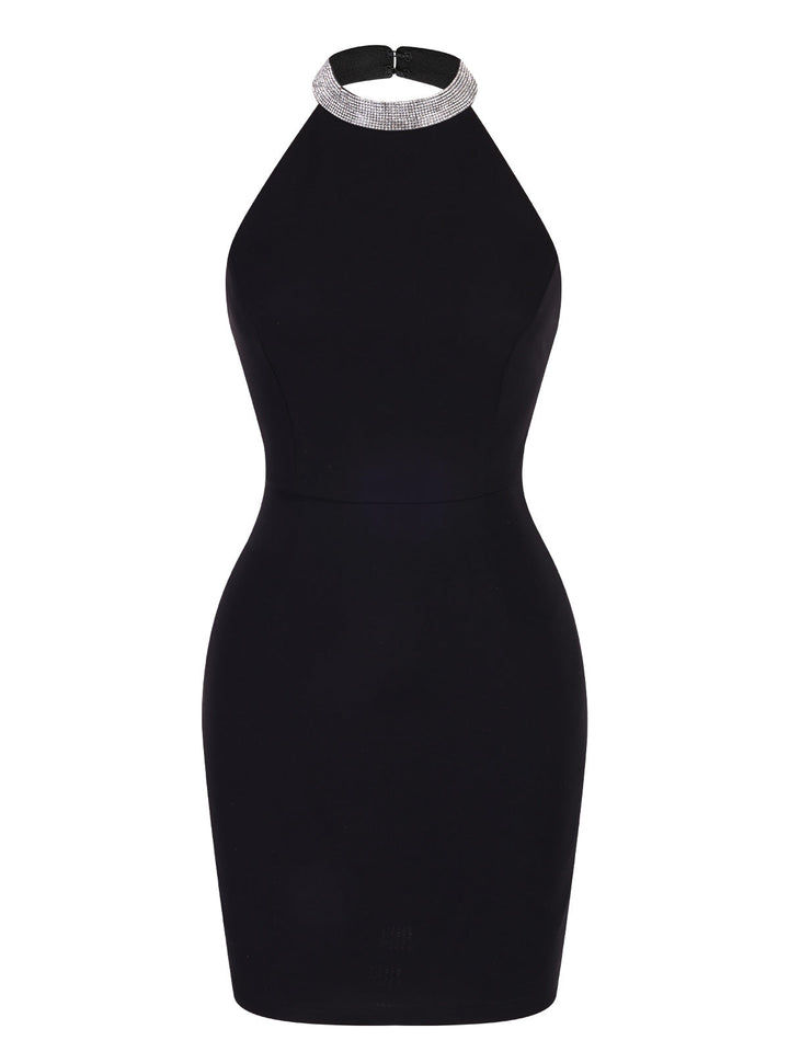 Black 1960s Rhinestone Solid Halter Dress, vintage dress, retro fashion - perfect for women who love vintage and retro fashion