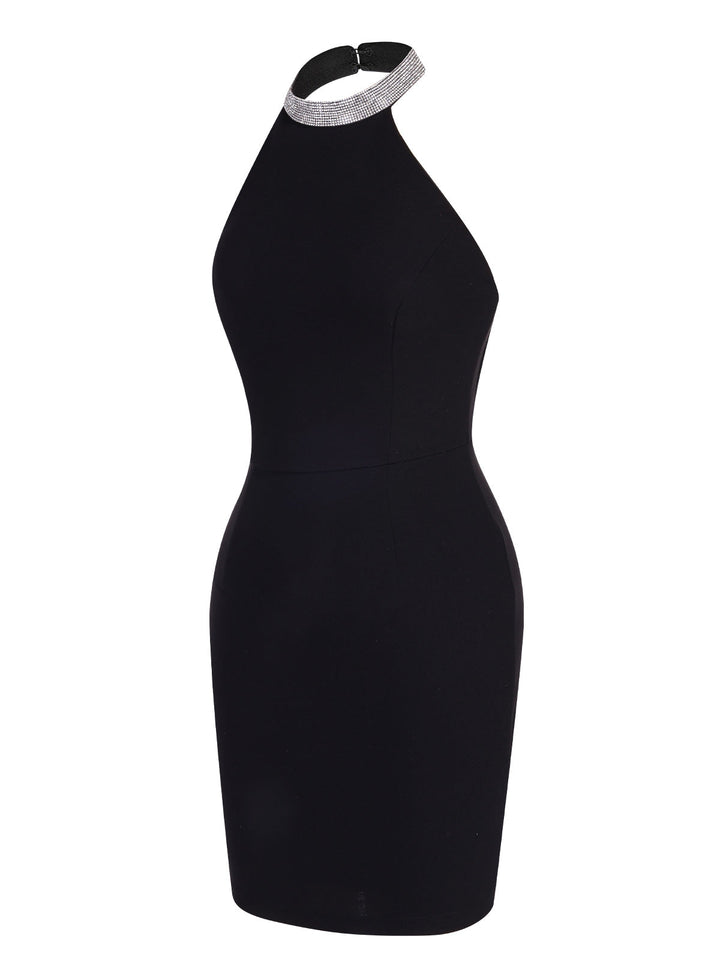 Black 1960s Rhinestone Solid Halter Dress, vintage dress, retro fashion - perfect for women who love vintage and retro fashion