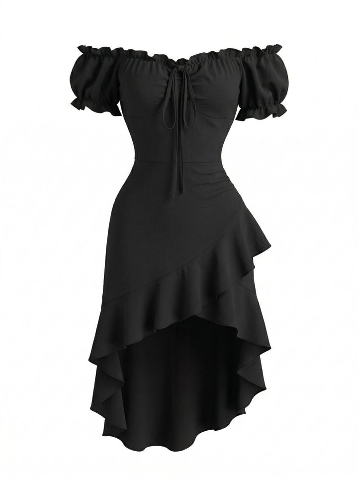 Black 1960s Ruffle Off Shoulder Midi Dress, vintage dress, retro fashion - perfect for women who love vintage and retro fashion