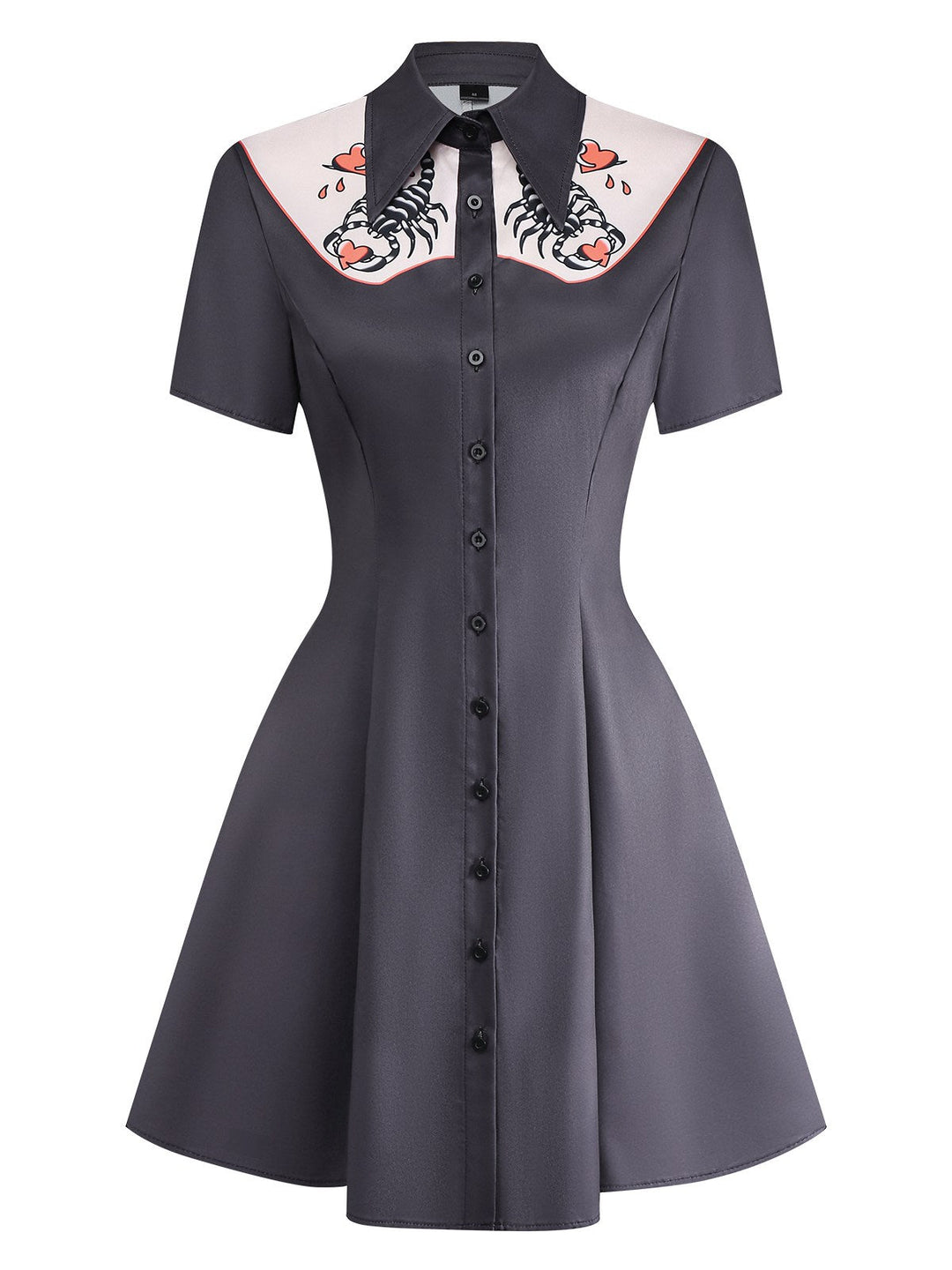 Black 1960s Scorpion Hearts Print Shirt Dress - vintage dress, retro fashion, classic black