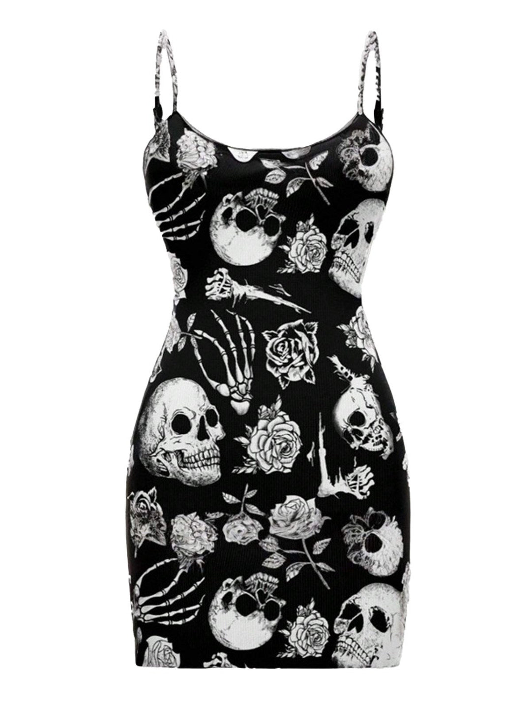 Black 1960s Skull Rose Halloween Bodycon Dress - vintage dress, retro fashion, classic black