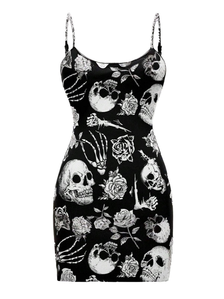 Black 1960s Skull Rose Halloween Bodycon Dress - vintage dress, retro fashion, classic black