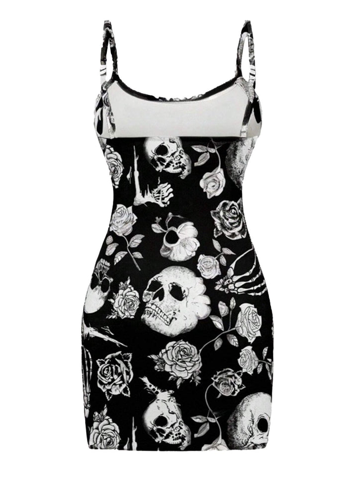 Black 1960s Skull Rose Halloween Bodycon Dress - vintage dress, retro fashion, classic black