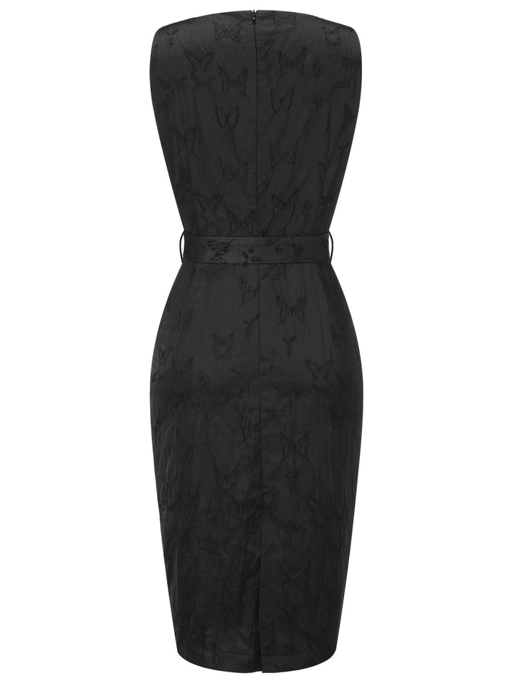 Black 1960s Sleeveless Butterflies Belted Solid Dress — vintage elegance for the modern woman