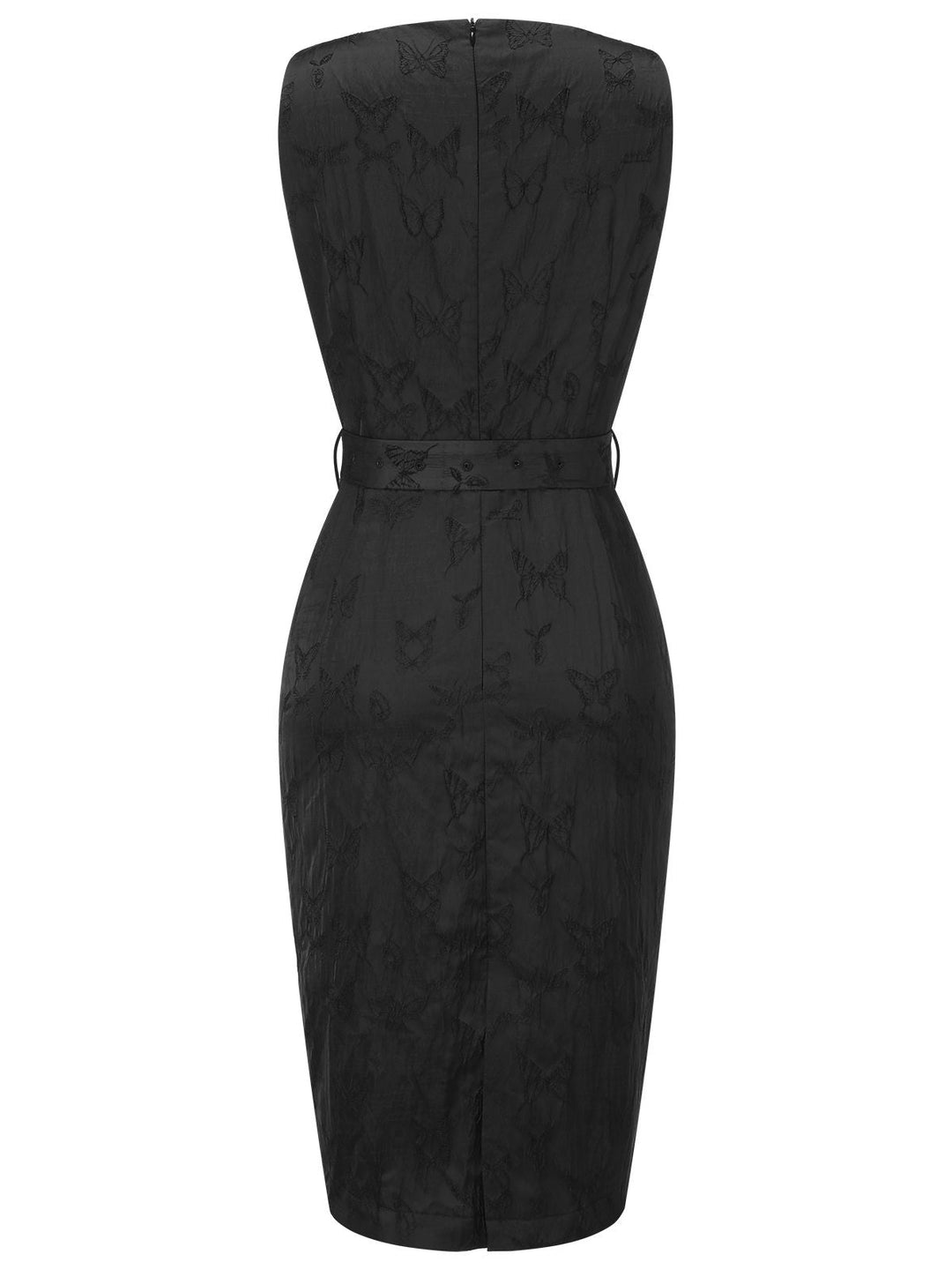 Black 1960s Sleeveless Butterflies Belted Solid Dress — vintage elegance for the modern woman