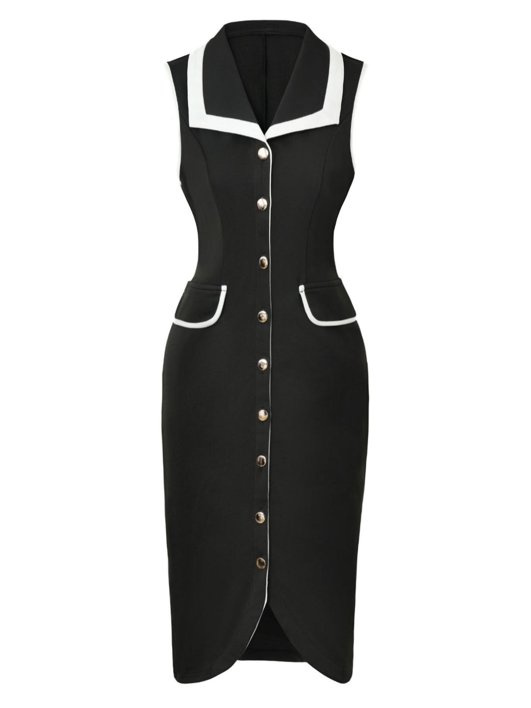 Black 1960s Sleeveless Lapel Button Bodycon Dress, vintage dress, retro fashion - perfect for women who love vintage and retro fashion