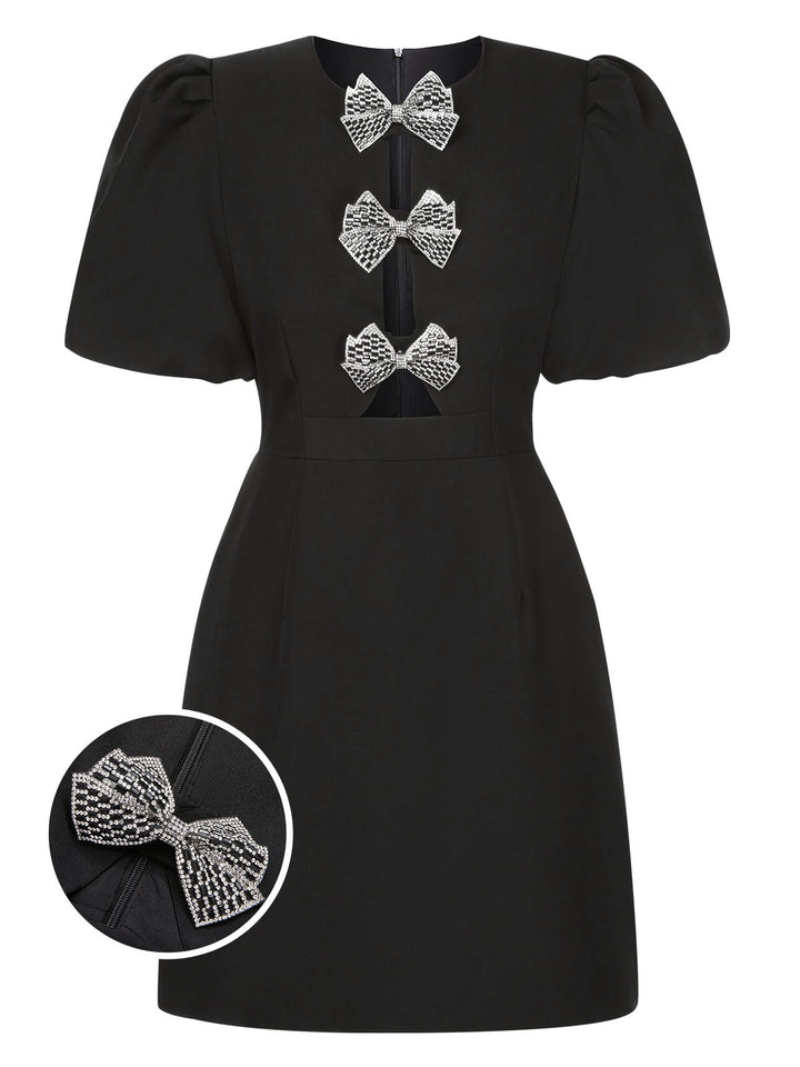 Black 1960s Solid Bow Hollow Puff Dress, vintage dress, retro fashion - perfect for women who love vintage and retro fashion