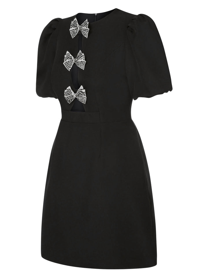 Black 1960s Solid Bow Hollow Puff Dress, vintage dress, retro fashion - perfect for women who love vintage and retro fashion