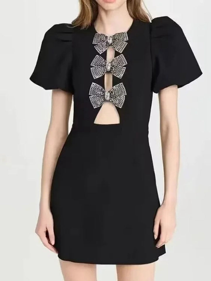 Black 1960s Solid Bow Hollow Puff Dress, vintage dress, retro fashion - perfect for women who love vintage and retro fashion