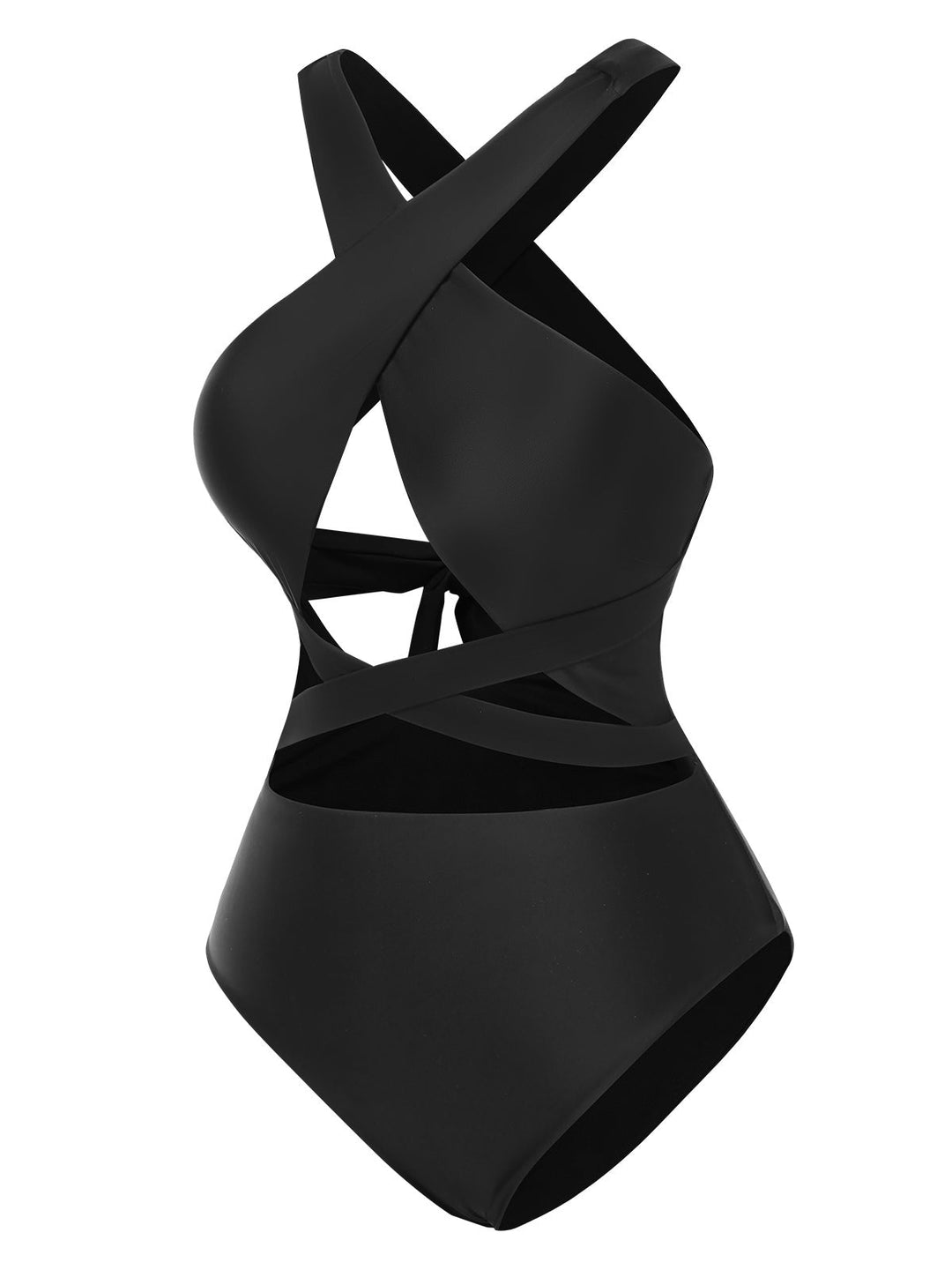 Black 1960s Solid Cross Halter Hollow Tie Back Swimsuit, vintage swimsuit, pin-up swimwear - perfect for women who love vintage and retro fashion